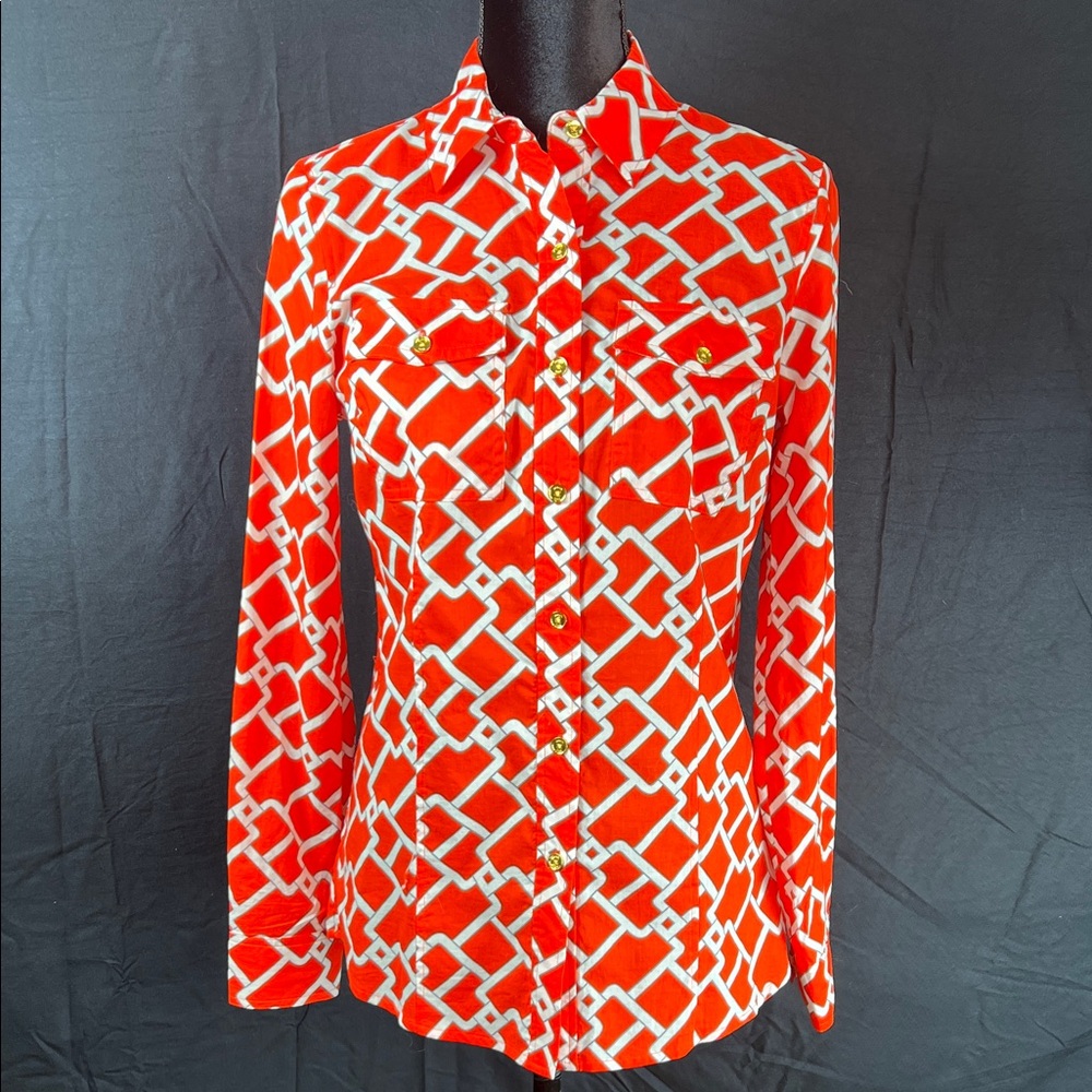 MICHAEL Michael Kors Orange & White Chain Link Button-Down Shirt | Size Small